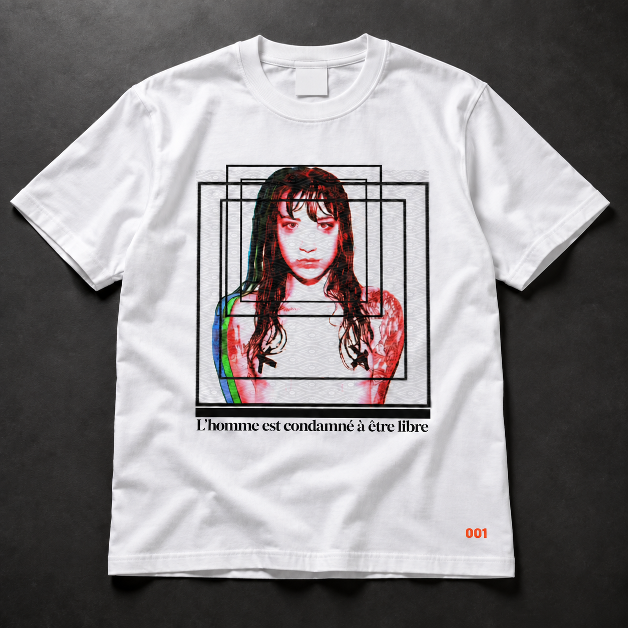 Studio photograph of the white Drop 001 tee